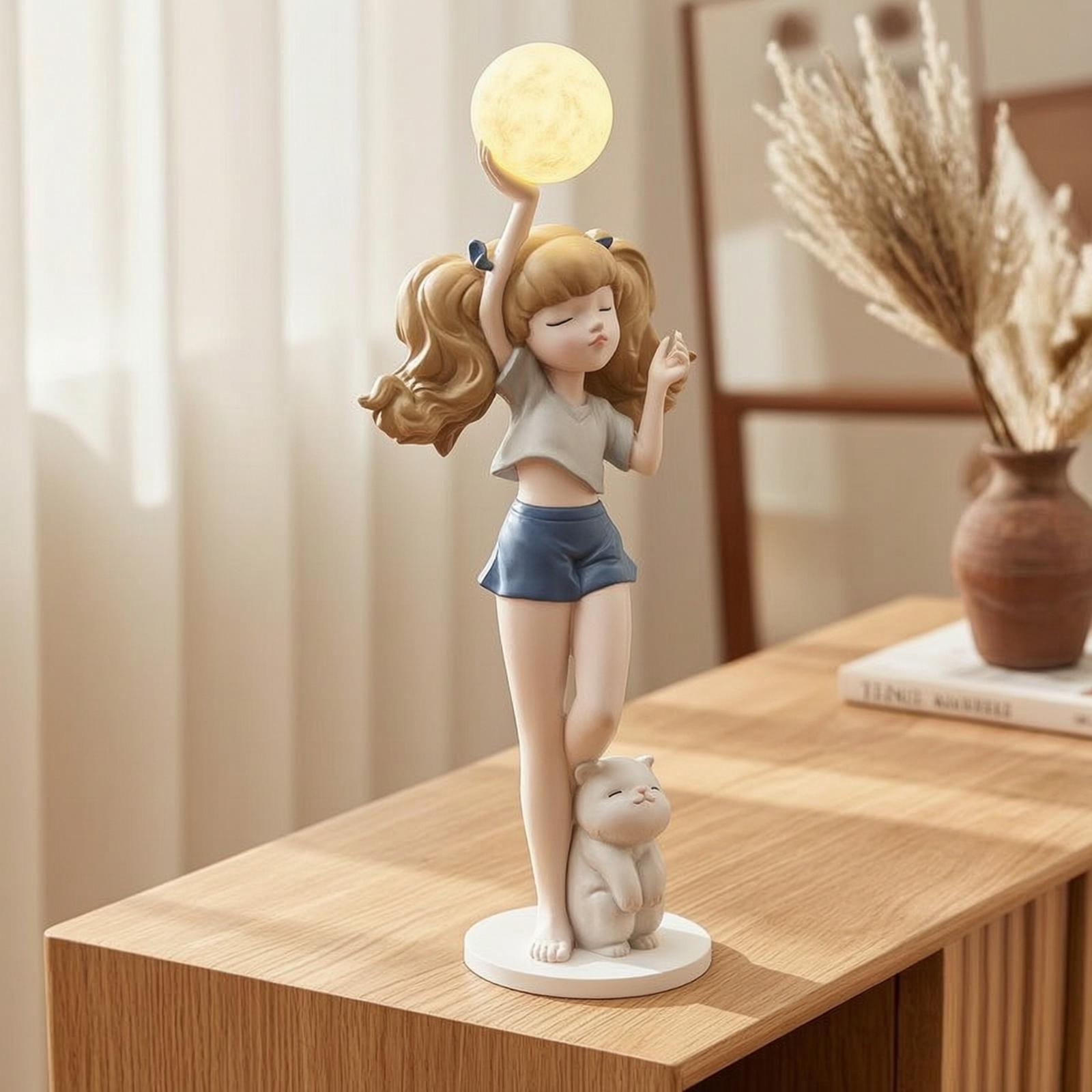 고양이 받침대가 있는 우아한 소녀 피규어 램프, 방 장 - Lighting Decor Living Room 리뷰 및 가격