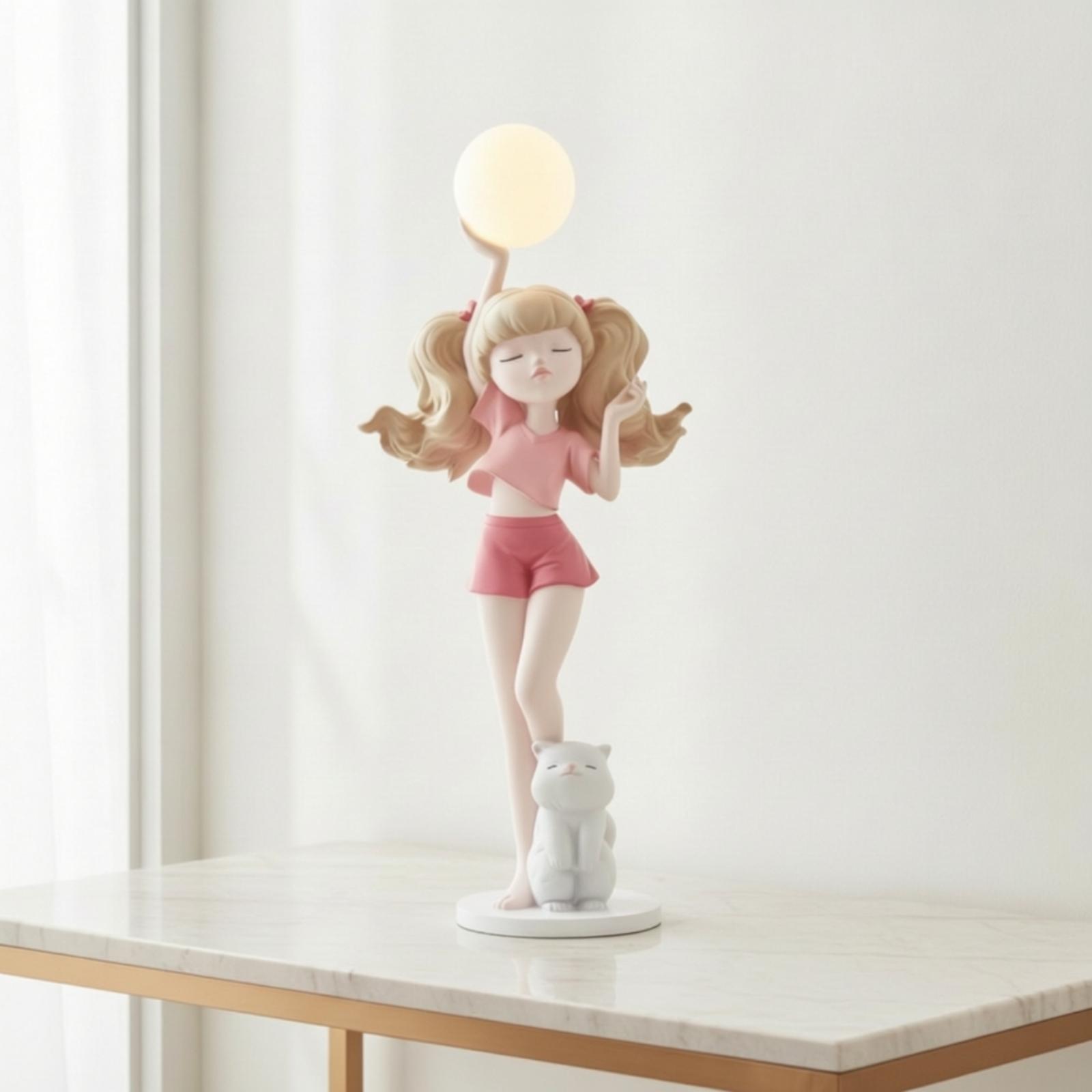 고양이 받침대가 있는 우아한 소녀 피규어 램프, 방 장 - Lighting Decor Living Room 리뷰 및 가격