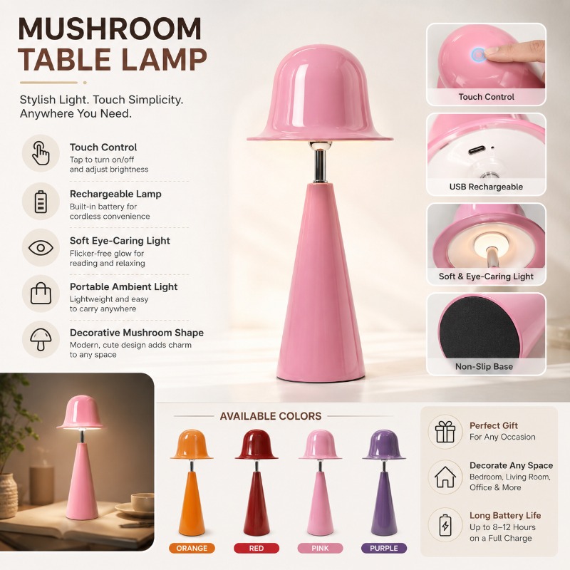 현대적인 창의적인 버섯 모양 테이블 램프 USB 충전식 - Mushroom Table Lamp 리뷰 및 가격
